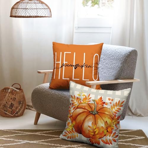 Fall Pillow Covers 24x24 Maple Leaf Pumpkin Farmhouse Decorative Pillow Covers Set of 2 Orange Plaid Autumn Linen Throw Pillow Covers Happy Fall Thanksgiving Pillow Cases for Sofa Home Decor