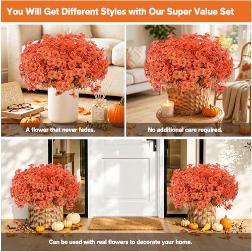13 Bundles Artificial Fall Flowers Fake Mums for Outdoor(Orange)