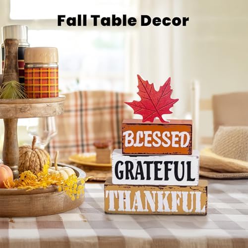 OLANRUN Thanksgiving Fall Decorations for Home, 4 PCS Wooden Fall Table Decor with Letter, Handmade Crafts Autumn Thanksgiving Decor Indoor for Office Farmhouse Home Bedroom Kitchen Mantel Tiered Tray