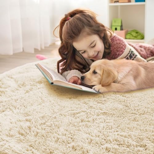 OLANLY Cream Round Rugs for Bedroom - Machine Washable, 6 ft Circle Area Rugs for Living Room, Soft and Fluffy Shaggy