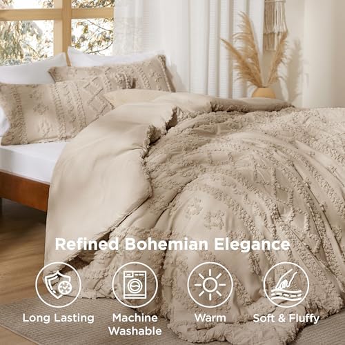 Bedsure Tufted Boho Comforter Set California King Size - Light Brown Boho Bed Set, GentleSoft™ 3 Pieces Farmhouse-Style
