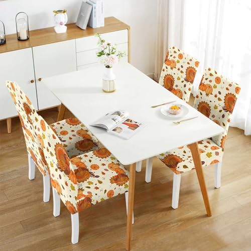 Fall Thanksgiving Chair Covers Covers Set of 4,Pumpkin Turkey Dining Chair Protectors, Elastic Removable Washable Dining Chair Covers for Fall Thanksgiving Kitchen Dining Room Holiday Decorations