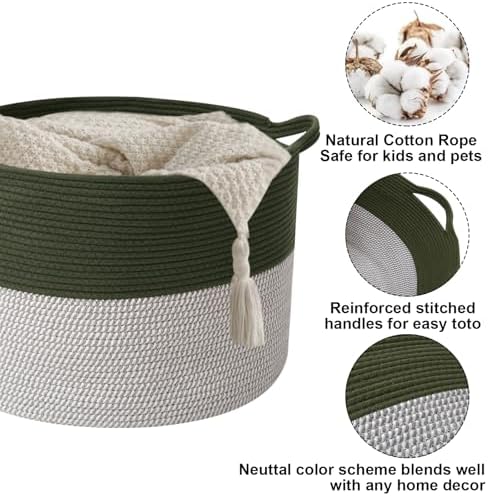 65L Large Blanket Basket,Woven Rope Laundry Basket-Green&White