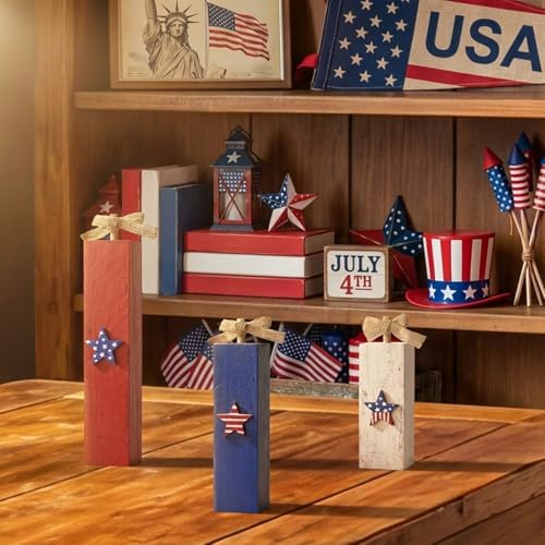 Smile Wooden Patriotic Star Decor Blocks - 3-Piece Red, White, Blue Distressed Design, Tabletop Shelf Accents for 4th of July & American Holiday Decoration