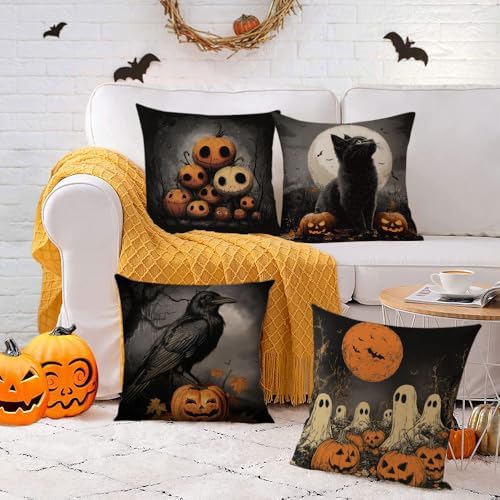 YeeJu Set of 4 Halloween Pillow Covers 12x12 Inch Cute Ghost Pumpkin Decor Throw Pillow Covers Black Plaid Happy Halloween Cushion Covers Linen Pillow Cases for Home Outdoor Sofa Couch (12 by 12)