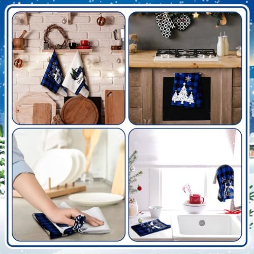 Sratte 6 Pcs Christmas Kitchen Towels Blue Black Buffalo Plaid Dish Towel