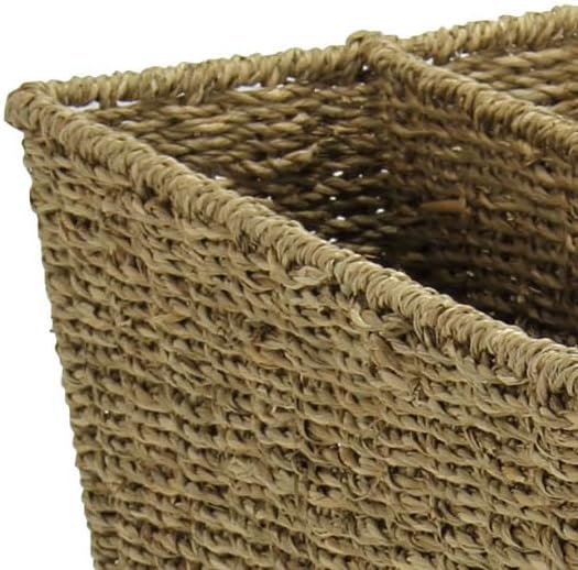 Household Essentials Wicker Magazine Rack, Handwoven Seagrass, Strong Metal Wire Frame, Built-In Handle and Divider