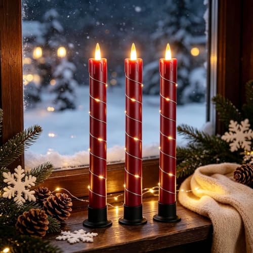 Flameless Cone-Shaped Candle, Patented with Starlight String, 11 Key Remote Control, Timer, Battery Powered, Patented Simulated Flame, 3 Packs, Christmas Home and Wedding Decoration (red)