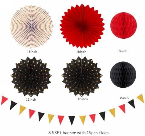 Red-Black Gold Casino Theme Party-Decorations - 20pcs Game Night Paper Lanterns Fans,Tissue Pom Poms,Honeycomb Balls,Bunting,Birthday Graduation Wedding Bridal Baby Shower Decor Burgleda