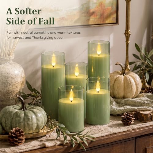 Homemory Sage Green Flameless Candles, Acrylic LED Pillar Candles with Remote Timer, Set of 9