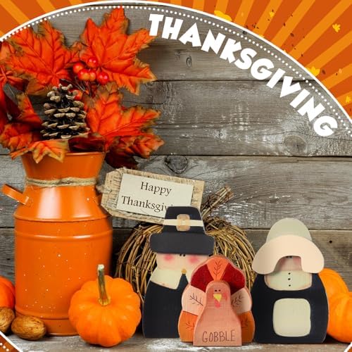 Colingmill 3 Pcs Thanksgiving Decor Fall Pilgrim Turkey Wooden Tabletop