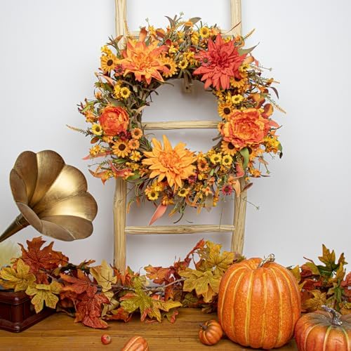 J'FLORU 20” Artificial Fall Wreath Autumn Wreaths for Front Door Thanksgiving Wreath with Peony Dahlia Daisy Flowers for Thanksgiving Day Harvest Festival Wall Porch Indoor Outdoor