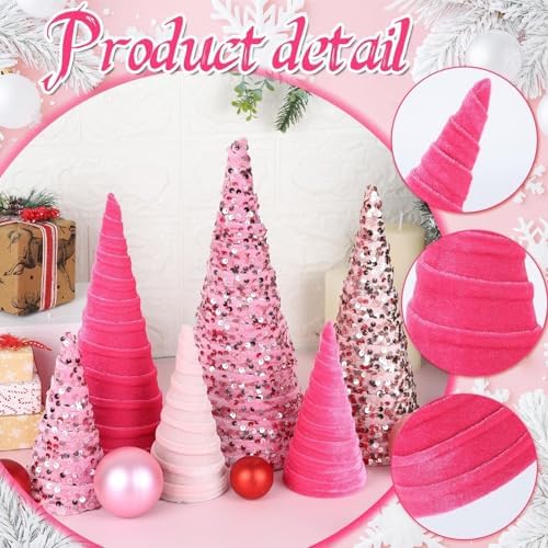 6 Pcs 12" 10" 6" Christmas Cone Tree Decorations Velvet Pink Christmas Glitter Table Decor Flocked Farmhouse Tiered Tray Ornament Xmas Tree for Home Holiday Entryway Tabletop Centerpiece Decor