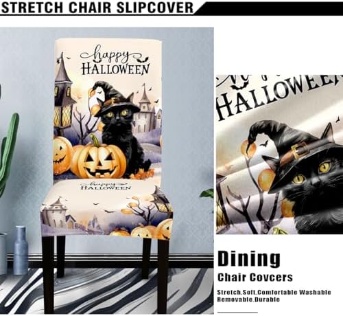 Halloween Dining Chair Covers Set of 4-Only Chair Covers,Stretchable Parsons Chair Slipcovers 4 Pieces Pumpkin Castle Black Cat Pattern Chair Covers for Kitchen Dining Room,Beige