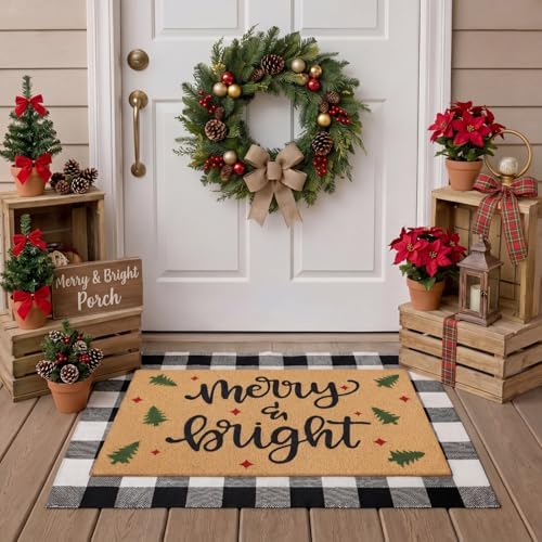 Tinideya 2 Pcs Christmas Door Mat Outdoor Layered Merry Bright Welcome Mat
