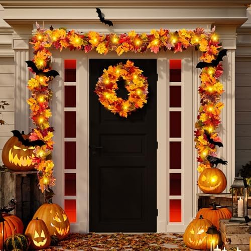 2Pcs Fall Maple Leaf Garland with Yellow Lights