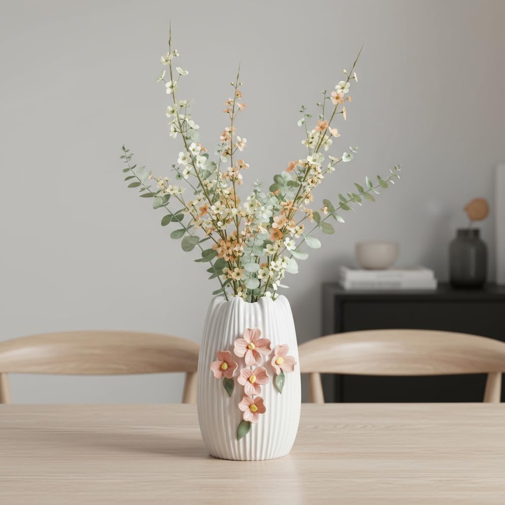 Ceramic Modern Vase for Pampas Grass / White and Orange / 7 Inch