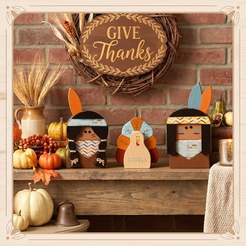 Colingmill 3 Pcs Thanksgiving Decorations Wooden Turkey Pilgrim Table Sign