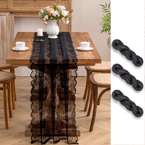 Black Lace Table Runner with Floral Embroidered (3pcs, 28”x118”)