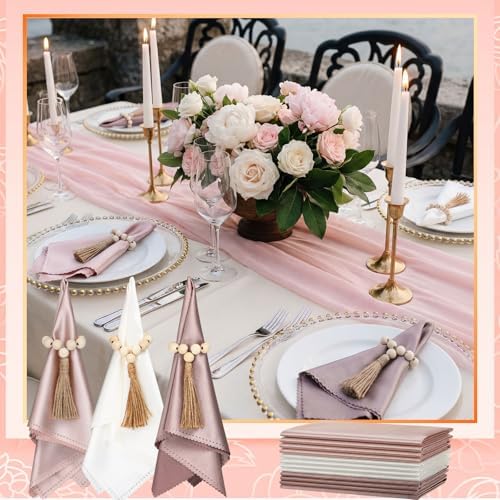 LemonRoad 36 Pcs Napkin Rings Set 12 Wood Bead Napkin Rings, 24 Cloth Napkins Boho Farmhouse Table Decorations Dinnerware Sets, Banquet, Wedding, Holiday Dinner Party