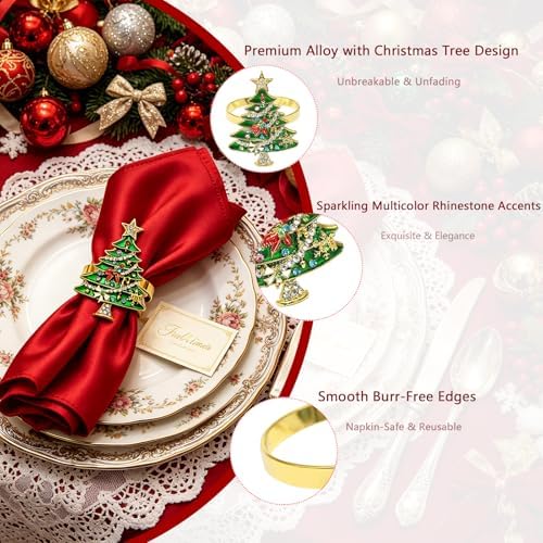 Christmas Tree Napkin Rings Set of 6 for New Year Dinner Decor