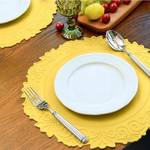 Round Faux Leather Placemats Set of 6, Dining Table Mats, Mango Yellow