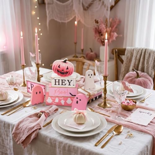 11 Pcs Halloween Table Decoration Pink Ghost Wooden Tiered Tray Decor Halloween Table Centerpiece Wooden Signs for Spooky Season Ghost Party Haunted Home Kitchen Shelf