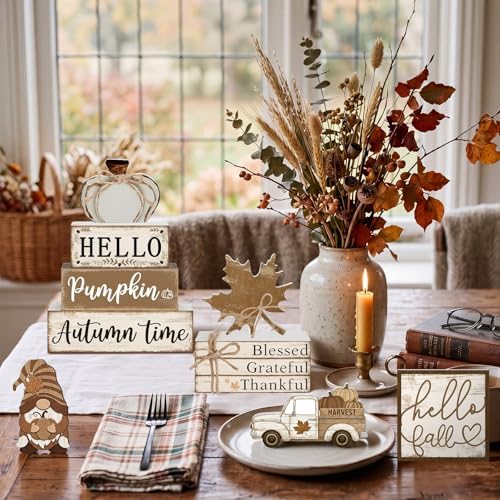 11 Pcs Fall Decorations Set Wooden Pumpkin Maple Leaf and Gnome Signs for Indoor Seasonal Display Cute Rustic Art for Home Cafe Harvest Party Favors and Thoughtful Gift Idea