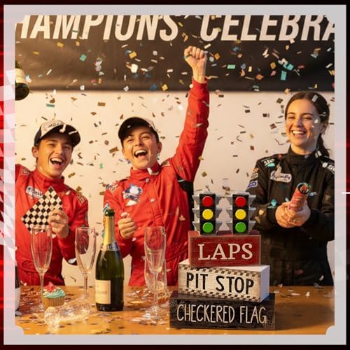 Lineshading 4 Pcs Race Car Wooden Tiered Tray Decor Tabletop Block Signs