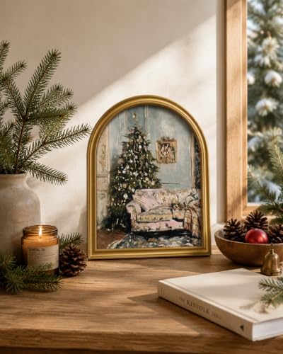 TwoDays Vintage Christmas Cozy Scene 11" x 13.8" Arched Framed Wall Art