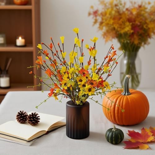 RHN Fall Decorations for Home,6 Pcs Fall Flowers Artificial with Daisies Forsythia Flowers Berry Leaf Stem for Autumn Harvest Thankgiving Home Table Vase Centerpiece Decor（Yellow Orange）