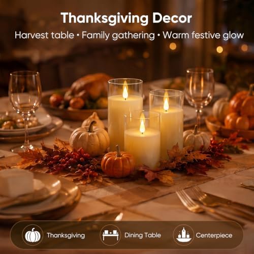 Homemory Ivory Flameless Candles, Battery Operated Acrylic LED Pillar Candles with Remote Timer, Realistic Flickering Fake Candles for Home Decor, Christmas, Wedding, Party, Set of 3