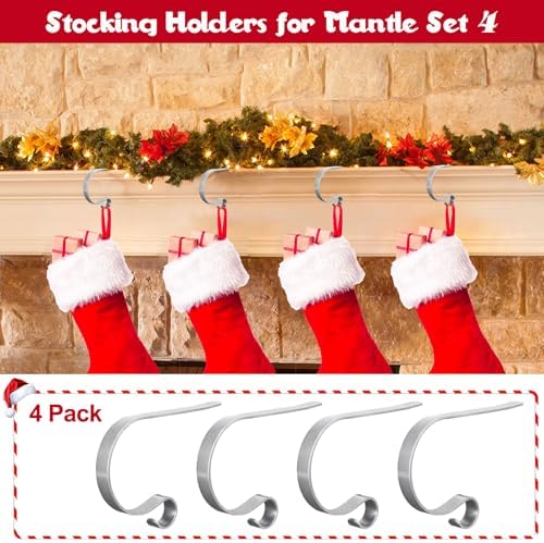 Christmas Stocking Holder, 4 Pack Stocking Holders for Mantle, Adjustable