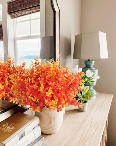 RECUTMS 8Pcs Artificial Outdoor Fall Mums Artificial Gold Eucalyptus Stems