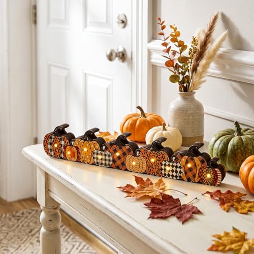 Yousoontic Fall Pumpkin Decor, LED Lighted Fall Table Centerpieces, Retro Plaid Leopard Wooden Pumpkin Sign Decorations 3D Block Farmhouse Decor for Autumn Harvest Thanksgiving Home Mantel Party