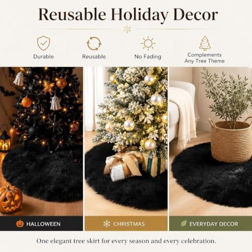 28 Inch Black Faux Fur Christmas Tree Skirt for Halloween Decorations