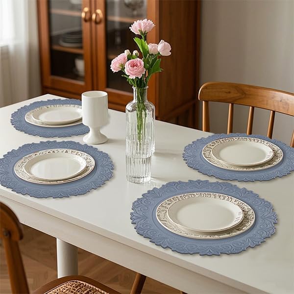 Round Faux Leather Placemats Set of 4, Dining Table Mats, Blue