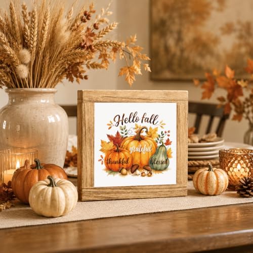 Fall Wood Sign, Hello Fall Grateful Thankful Blessed Pumpkin Tabletop Decor