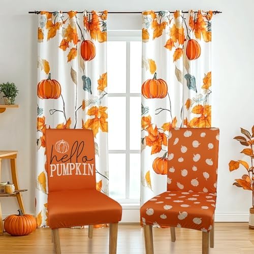 6 Pcs Fall Chair Covers for Dining Room, Thanksgiving Stretch Removable Dining Chair Cover Set of 6, Autumn Pumpkin Chair Slipcovers Seat Protector for Fall Restaurant Decor