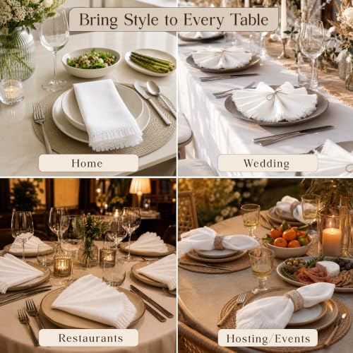 CLOUDLOOM 100% Cotton Fringe Cloth Napkins, White, Set of 6, 20"x20"