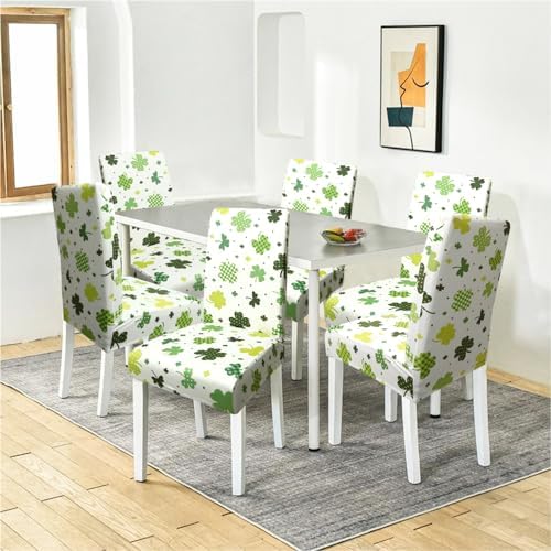 St. Patrick's Day Dining Room Chair Covers，St Patricks Day Chair Covers Set of 6, Green Four Leaf Clover Dining Chair Covers, Elastic Removable Washable Dining Chair Covers