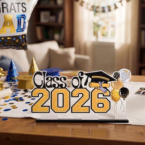 Smile 2026 Graduation Wooden Standing Decor Set, 2-Piece Class of 2026 Balloon Bouquet Tiered Tray Tabletop Signs with Stands for Graduation Party Decorations