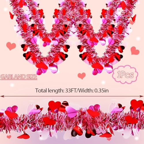 33 Ft Valentines Day Tinsel Garland Shiny Thick Tinsel Valentines Decorations Metallic Twist Foil Red White Pink Heart Garland for Anniversary Wedding Parade Floats Indoor Outdoor Decor Supplies