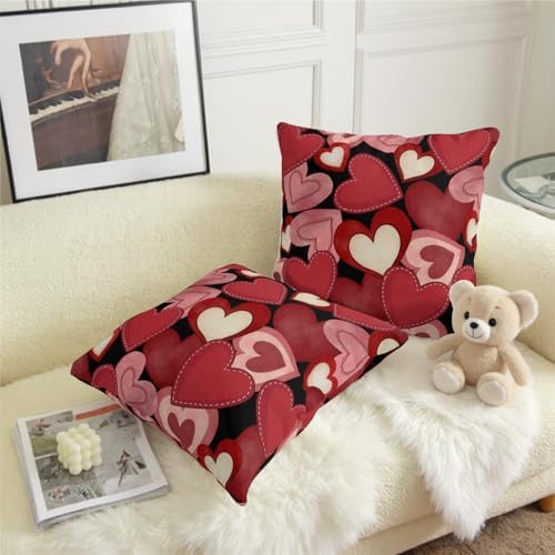Valentine Day Throw Pillow Covers 16x16 Set of 2 Red Black Pink Love Hearts Pillow Cover Valentines Outdoor Holiday Decorative Pillow Cases for Couch Sofa Home