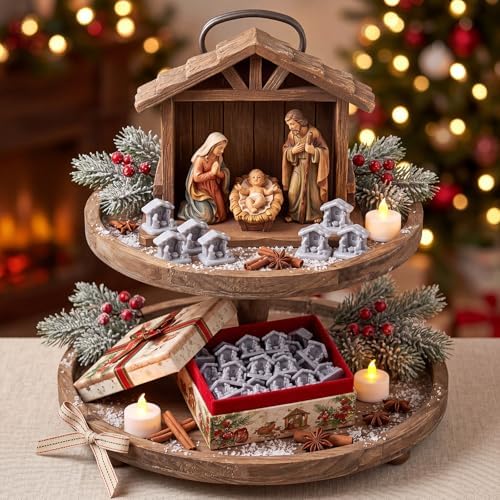 RoundFunny 50pcs Miniature Christmas Nativity Resin Holy Family with Manger