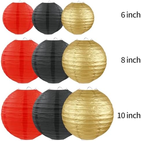 Red Black Gold Paper Lanterns, Round Hanging Paper Lanterns Decorations for Graduation Birthday Wedding Anniversary Baby Shower Holiday Party Supplies (9 PCS)