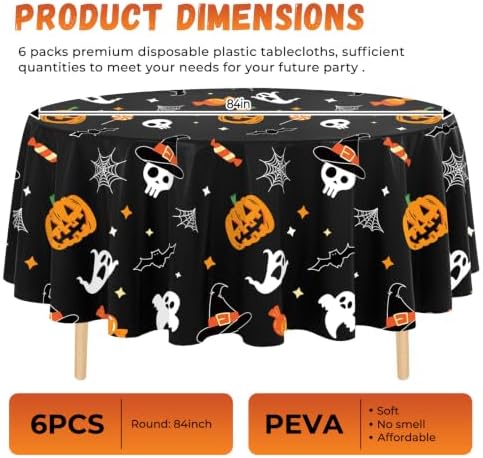 6 Pack Halloween Tablecloth, 84" Round Plastic Pumpkin Ghost Table Cloth Large Size Round Halloween Table Covers for Home Decor Halloween Party Decorations