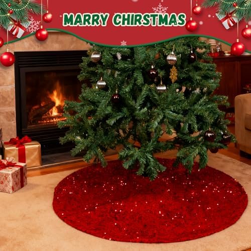 Christmas Tree Skirt 48 Inch, Red Sequin Christmas Trees Skirt, Large Sparkle Xmas Tree Stand Base Used for Christmas Holiday Indoor Home Decoration