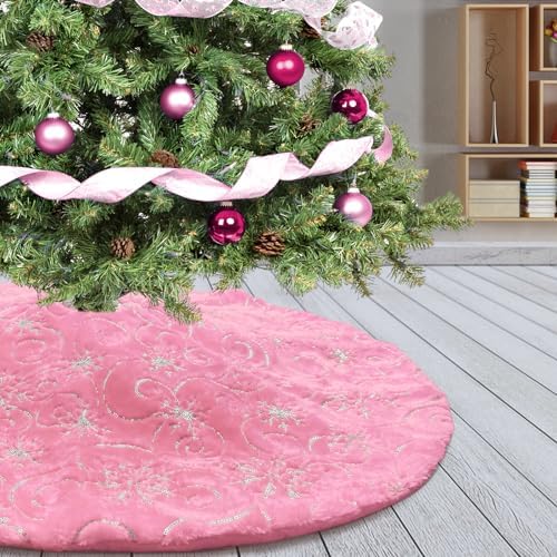 Christmas Tree Skirt Pink 30 inch Silver Christmas Tree Skirt Snowflakes Faux Fur for Xmas Holiday Home Party Decorations