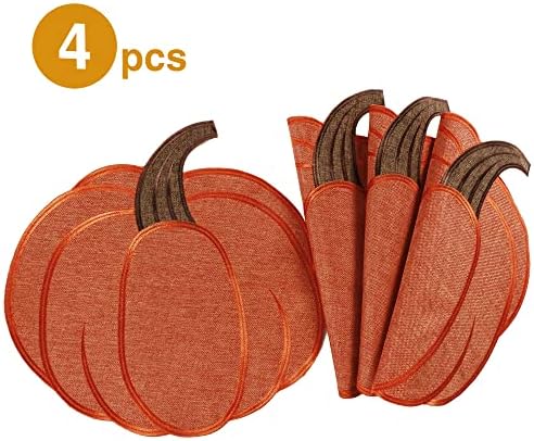 OWENIE Thanksgiving Harvest Pumpkin Placemats 15 x 15 Inch, Set of 4, Embroidered Diecut Place mats, Fall Autumn Home Decorations, Orange Table Mats for Halloween Kitchen Dinning Room, 15 Inch Round
